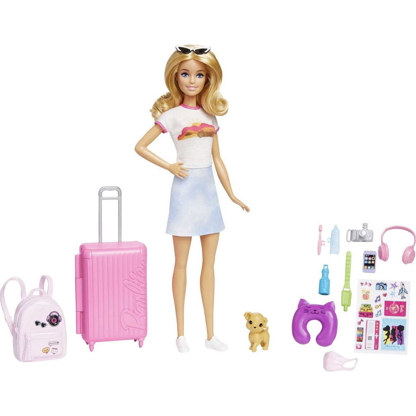 Barbie Malibu Doll and 10+ Accessories, Travel Set with Pink Working Suitcase, Blonde Fashion Doll