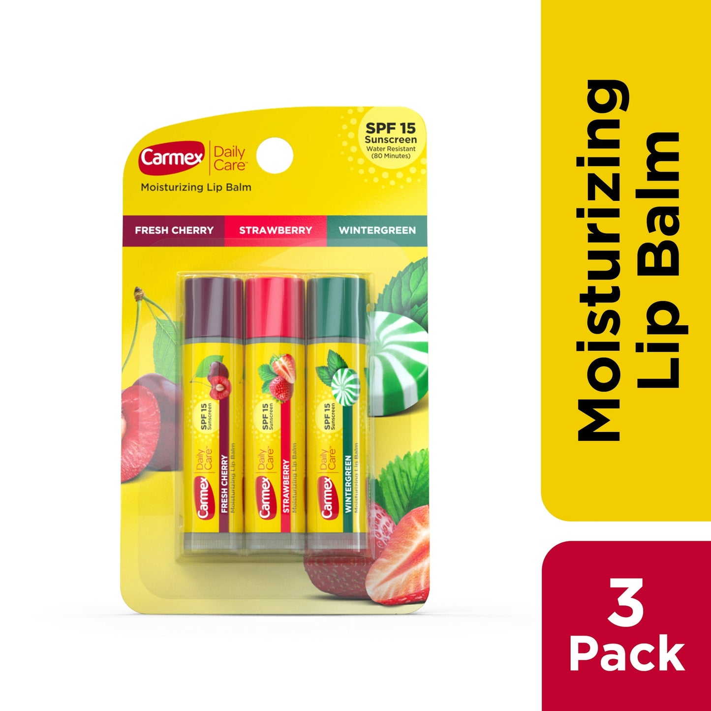 Carmex Daily Care Moisturizing Lip Balm Sticks, SPF 15, Multi-Flavor, 3 Count