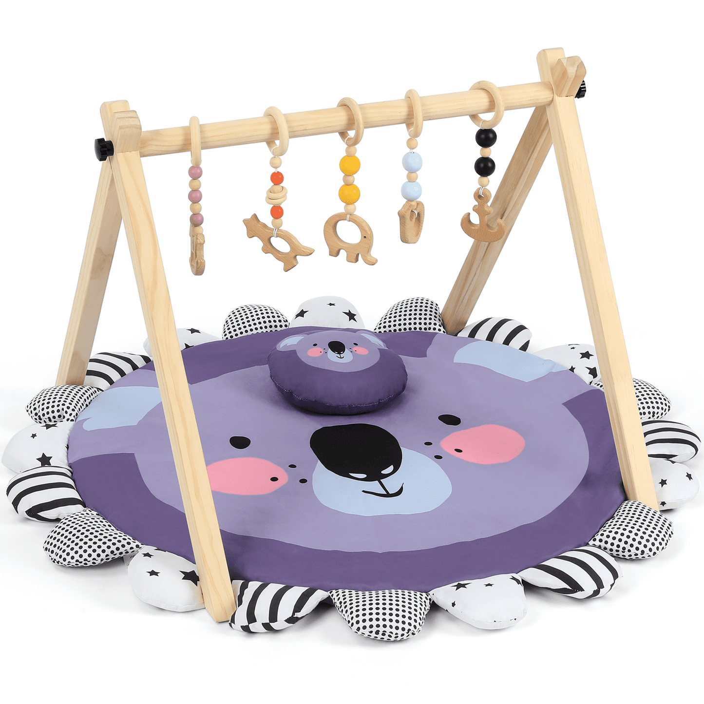 Cowiewie Wooden Play Gym, Activity Gym for Baby with 5 Hanging Toys and Play Mat, Purple