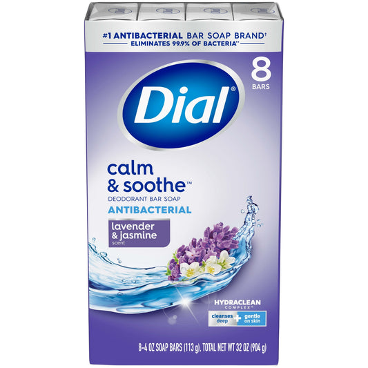 Dial Antibacterial Bar Soap, Calm and Soothe, Lavender and Jasmine Scent, 4 oz, 8 Bars
