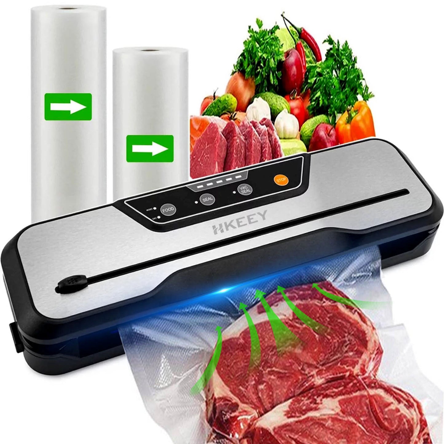 Food Vacuum Sealer Machine with 2 Rolls Food Vacuum Sealer Bags ，Food Storage Saver Dry and Moist Food Modes, Led Indicator Lights, Easy to Clean, Compact Design