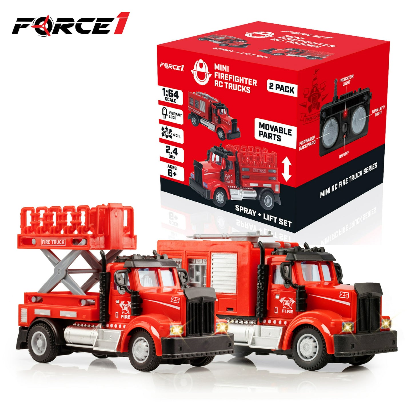 Force1 2pk Mini Firefighter RC Truck Spray + Lift Fire Truck Toddler Toys