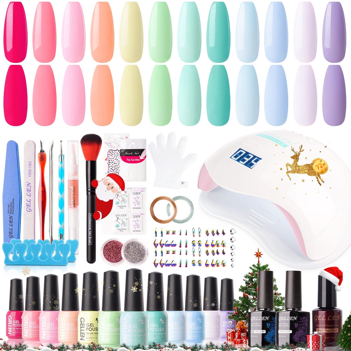 Gellen 12 Colors Colorful Rainbow Gel Nail Polish Starter Manicure Sets - with 72W UV/LED Nail Lamp