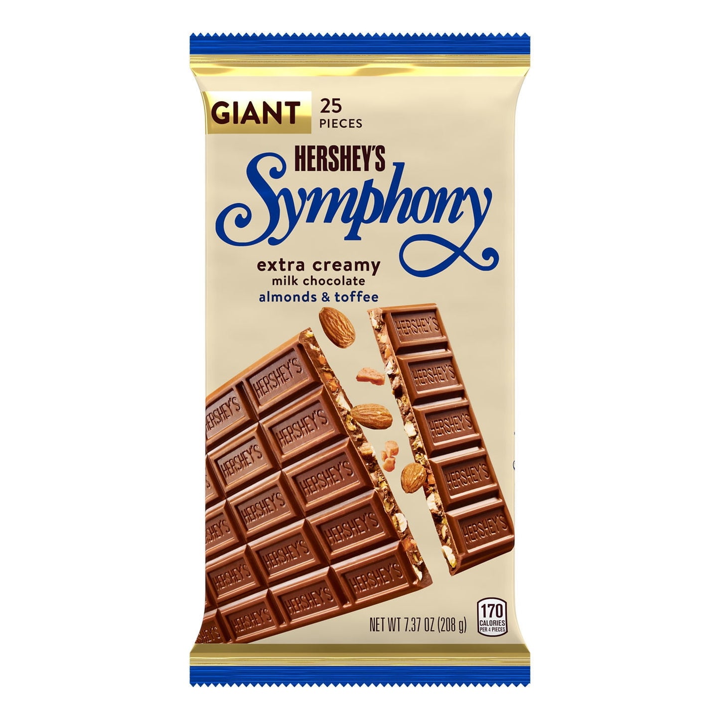 Hershey's Symphony Milk Chocolate, Almonds and Toffee Giant Candy, Bar 7.37 oz, 25 Pieces