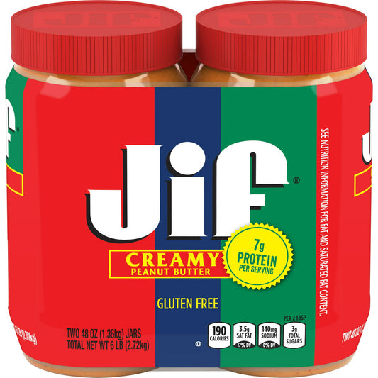 Jif Creamy Peanut Butter Twin Pack, 2-48 Ounces, 7g (7% DV) of Protein per Serving, Smooth, Creamy Texture, No Stir Peanut Butter