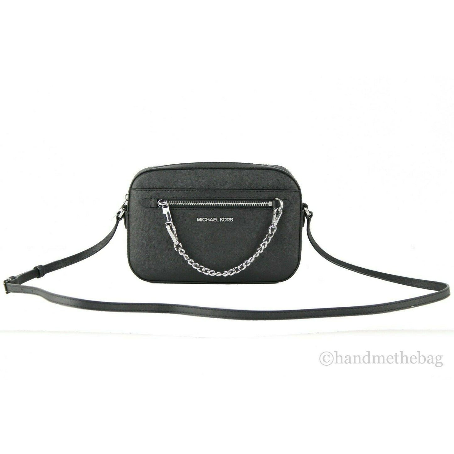 Michael Kors Jet Set Item Large East West Saffiano Leather Zip Chain Crossbody Handbag (Black Solid/Silver)