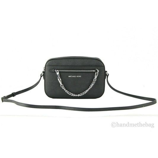 Michael Kors Jet Set Item Large East West Saffiano Leather Zip Chain Crossbody Handbag (Black Solid/Silver)