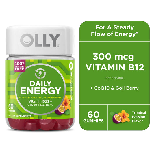 OLLY Daily Energy Gummy Supplement with CoQ10 and B12, Caffeine Free, Tropical, 60 Ct