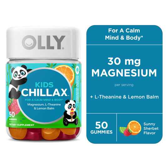 OLLY Kids Chillax Gummy, Chewable Supplement, Magnesium, L-Theanine, Sunny Sherbet, 50 Ct