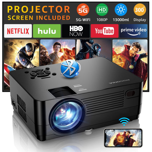 ROCONIA 5G WiFi Bluetooth Native 1080P Projector, 13000LM Full HD Movie Projector, LCD Technology 300-inch Display Support 4k Home Theater,(Projector Screen Included)