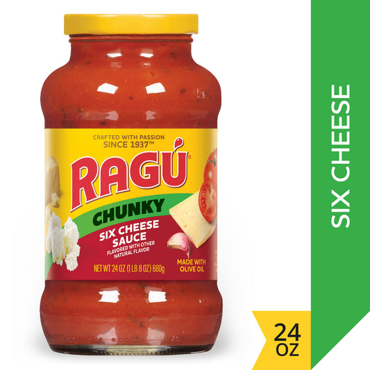 Ragu Chunky Six Cheese Pasta Sauce with Diced Tomatoes, Ricotta, Onions, Aged Asiago, Romano, Basil, Garlic, Parmesan, Fontina, Mozzarella Cheeses, and Italian Herbs and Spices, 24 OZ