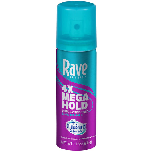 Rave 4X Mega Hold Hair Spray, All-Weather Protection, Travel Size, 1.5 oz