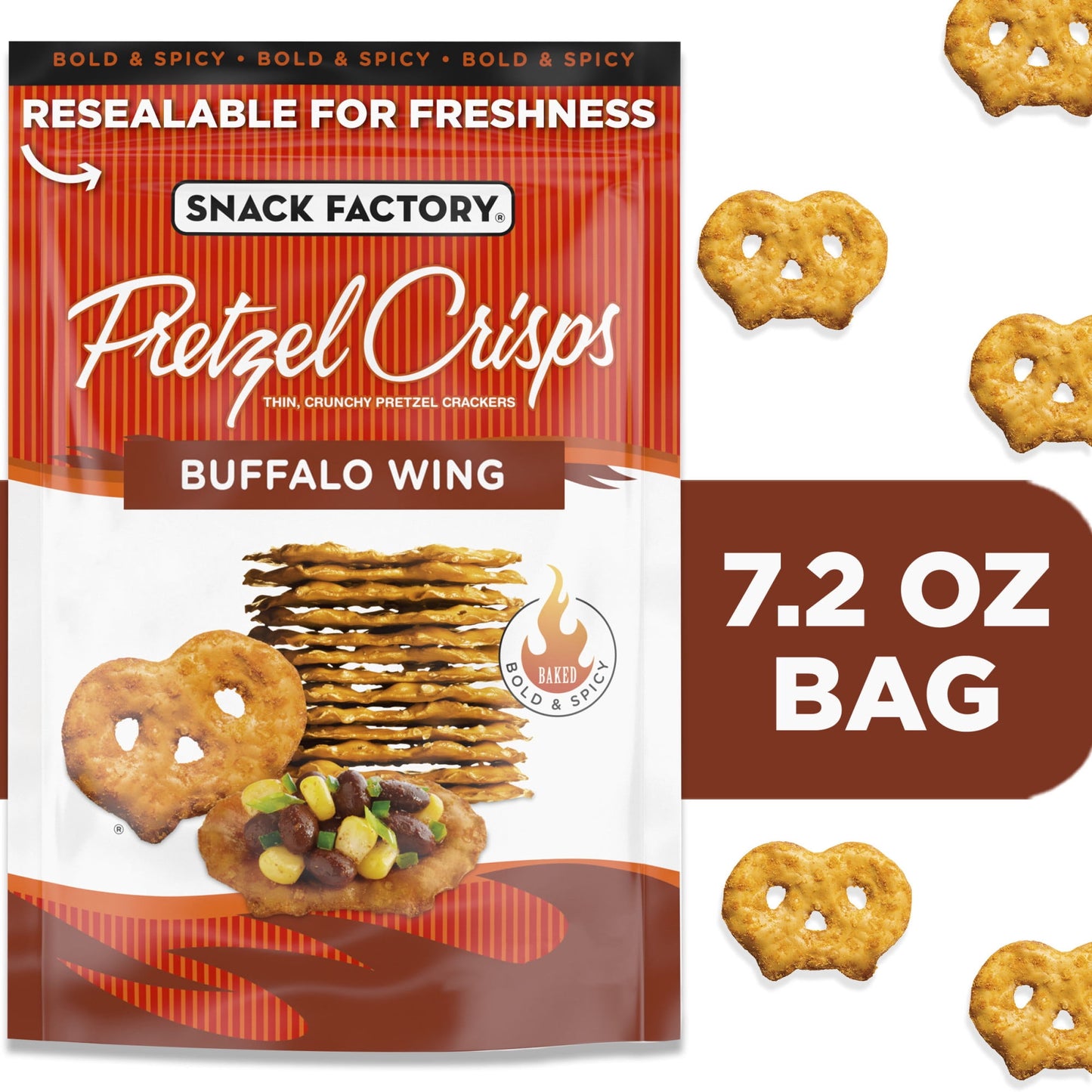 Snack Factory Buffalo Wing Pretzel Crisps, Non-GMO, 7.2 oz Resealable Bag