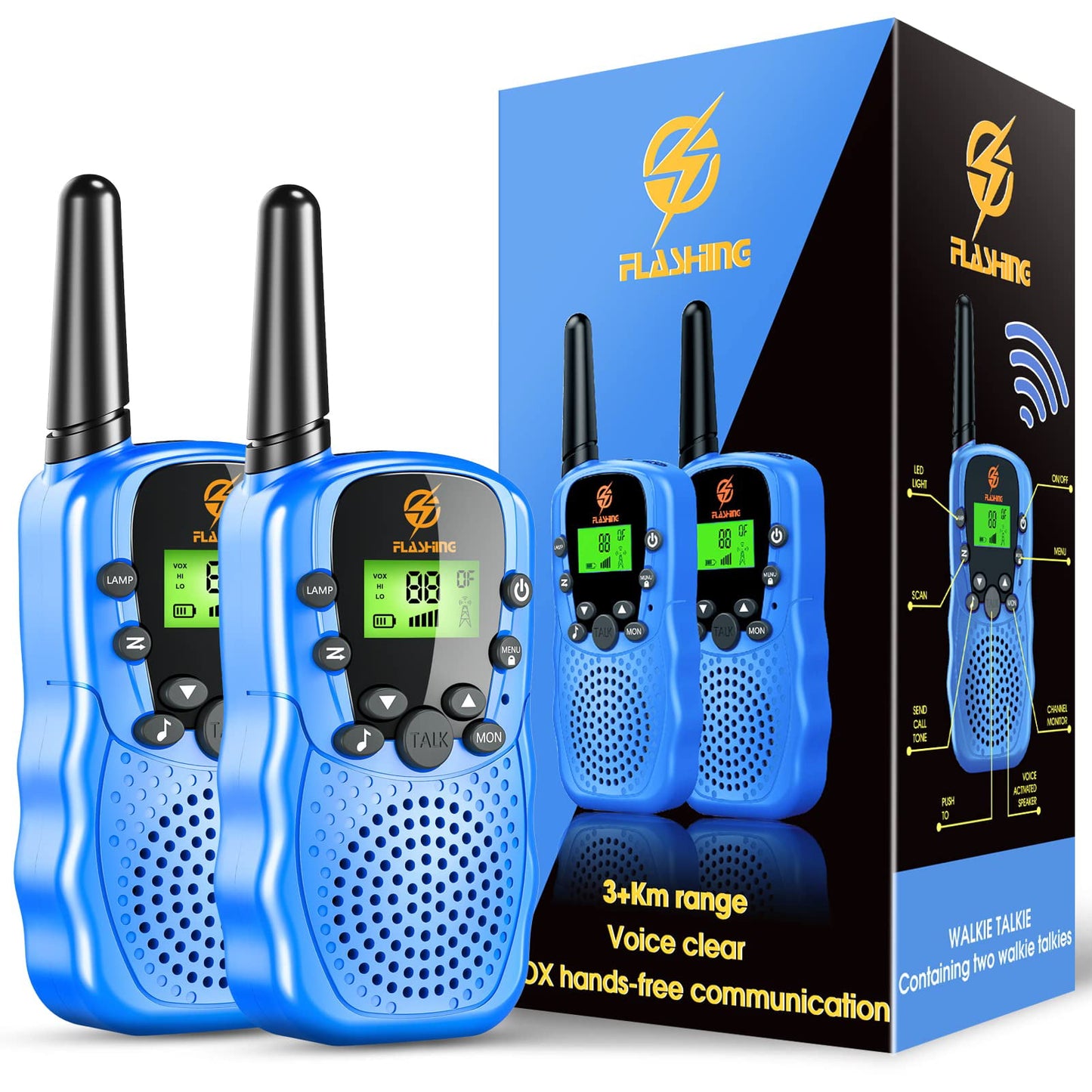 Walkie Talkies for Kid, 2 Way Radio, 3 KM Long Range Toy for Boy Girl 3-15 Years Old, Birthday Christmas Gifts for Boys-2 Pack