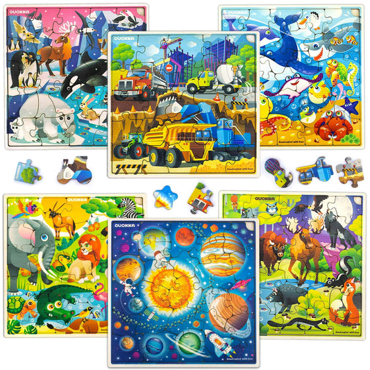 Wooden Jigsaw Puzzles for Kids Ages 3 4 5 Years Old - 6 Toddler Wooden Toys for 7 8 Year Olds Boys and Girls - Gift for Children - Games for Learning Solar System and Animals