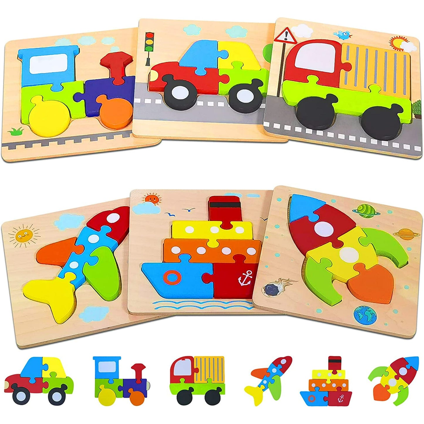 Wooden Toddler Puzzles Gifts Toys, 1 2 3 Yr Old Boy Girl 6 Vehicle Shape Educational Jigsaw puzzles