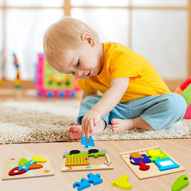 Wooden Toddler Puzzles Gifts Toys, 1 2 3 Yr Old Boy Girl 6 Vehicle Shape Educational Jigsaw puzzles