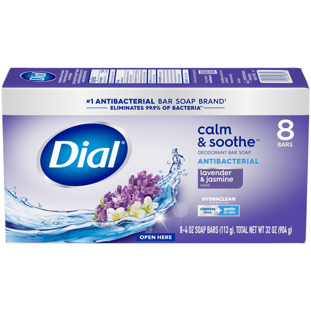 Dial Antibacterial Bar Soap, Calm and Soothe, Lavender and Jasmine Scent, 4 oz, 8 Bars