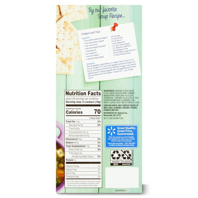 Great Value Unsalted Tops Saltine Crackers, 16 oz, 4 Count