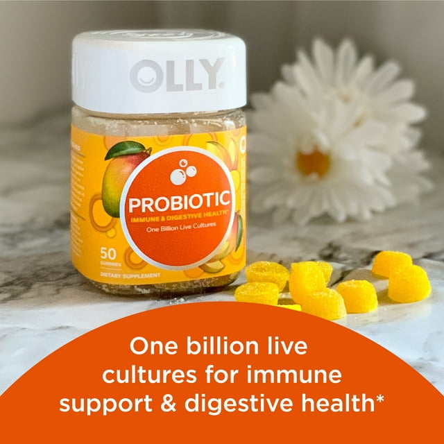 OLLY Probiotic Gummy, Immune and Digestive Health, Probiotic Supplement, Mango, 50 Ct