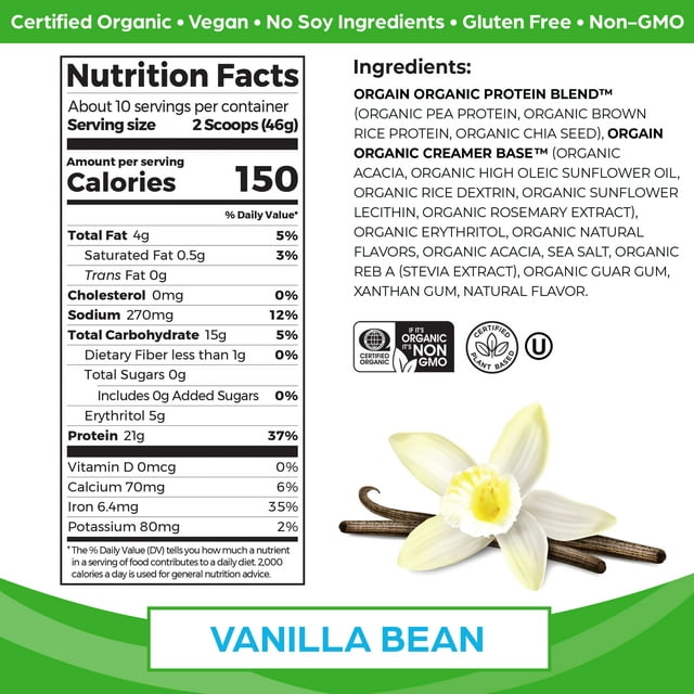 Orgain Organic Vegan 21g Protein Powder, Plant Based, Vanilla Bean