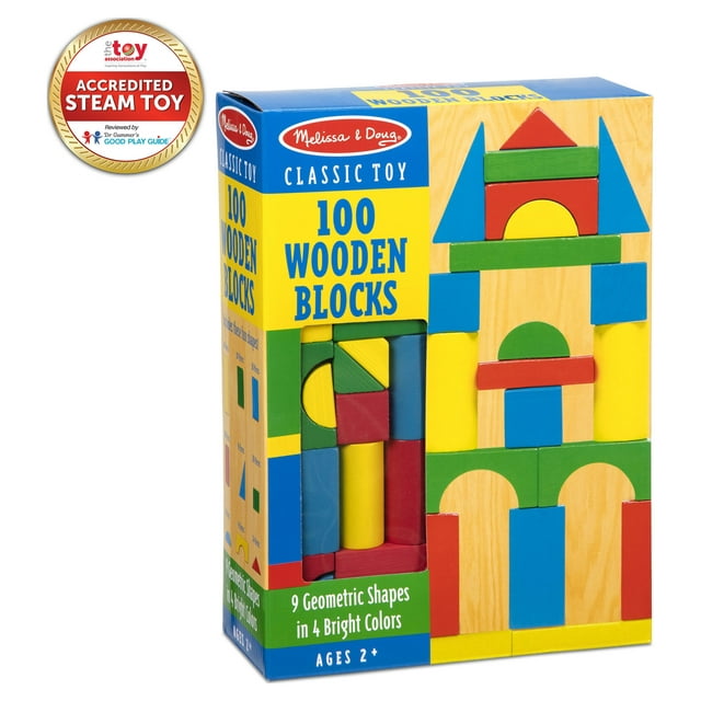 Melissa and Doug Wooden Building Blocks Set - 100 Blocks in 4 Colors and 9 Shapes - FSC-Certified Materials