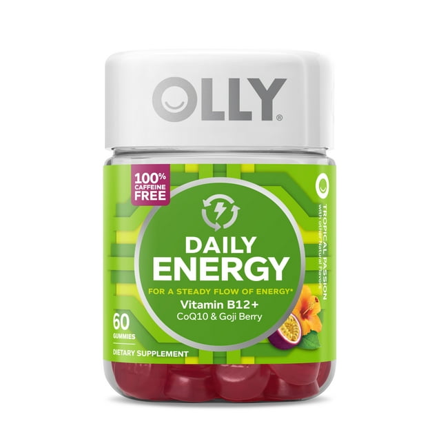 OLLY Daily Energy Gummy Supplement with CoQ10 and B12, Caffeine Free, Tropical, 60 Ct