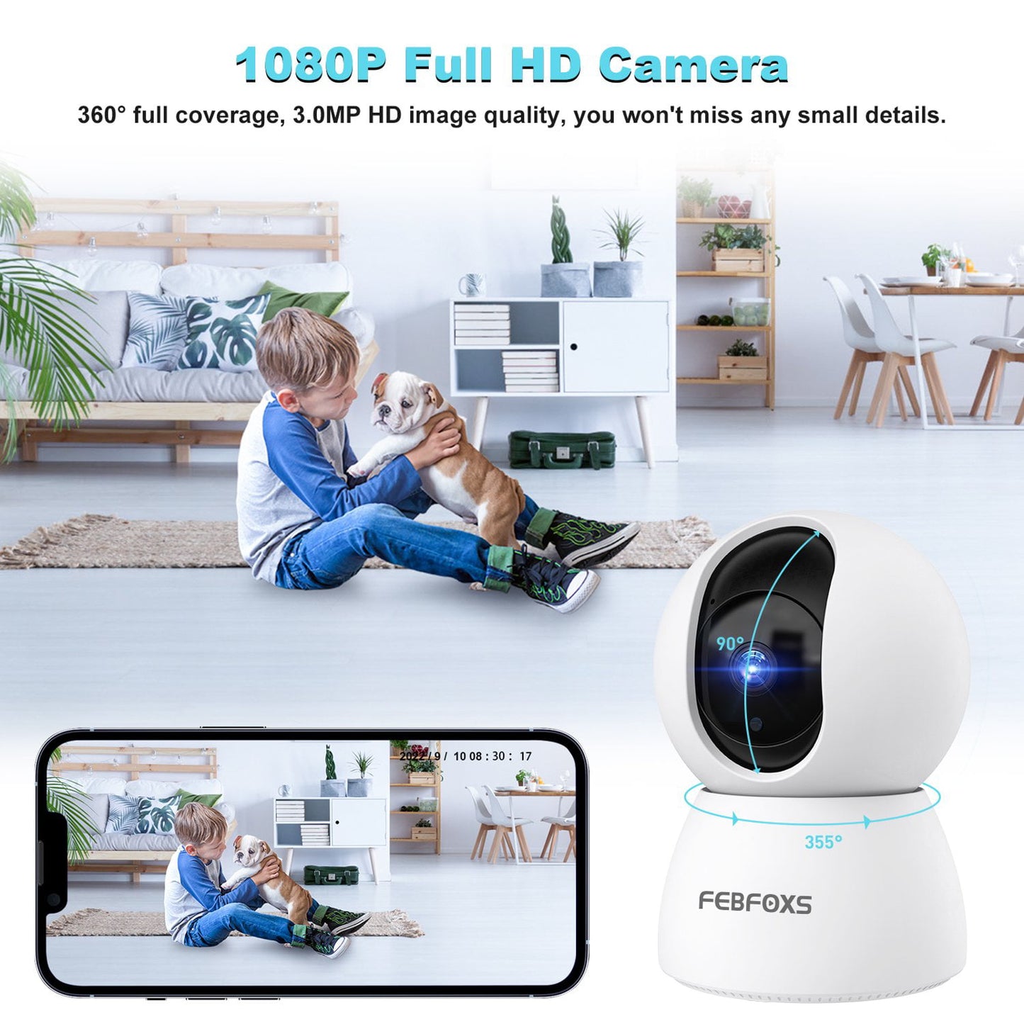 FEBFOXS Baby Monitor Security Camera, WiFi Indoor Camera, 360-Degree Smart 1080P Pet Camera for Home Security and Nanny Elderlywith Motion Detection, Night Vision, Two-Way Audio