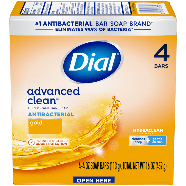 Dial Antibacterial Deodorant Bar Soap, Advanced Clean, Gold, 4 oz, 4 Bars