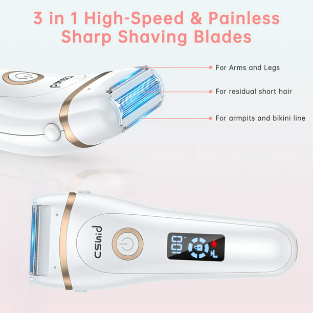 Women Electric Shaver, 3 in 1 Wet & Dry Painless Hair Removal IPX6 Waterproof Lady Electric Razor, Cordless Facial Body Epilator for Bikini Legs Arm Forearms Underarm w/ 2 Changeable Trimmer Heads