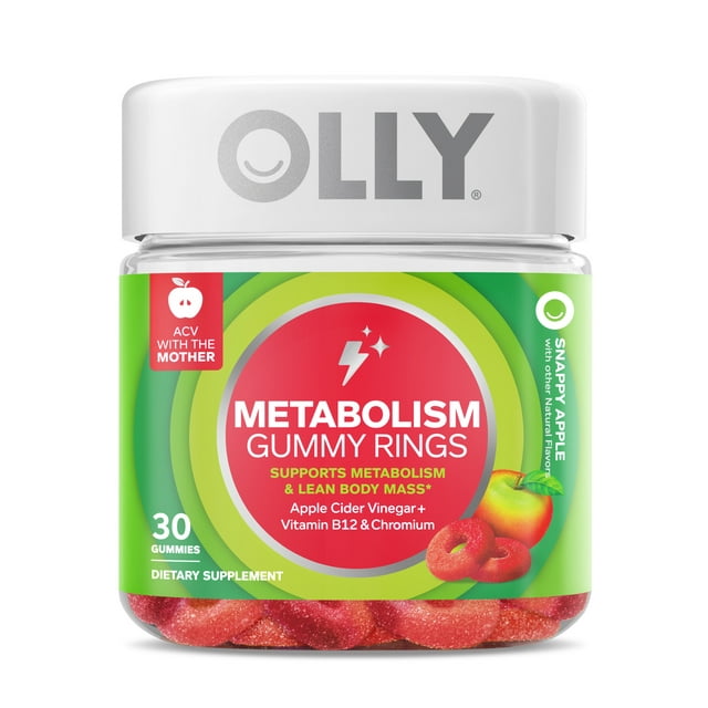 OLLY Metabolism Gummy Rings, Apple Cider Vinegar, B12, Chromium, Apple Flavor, 30 Ct