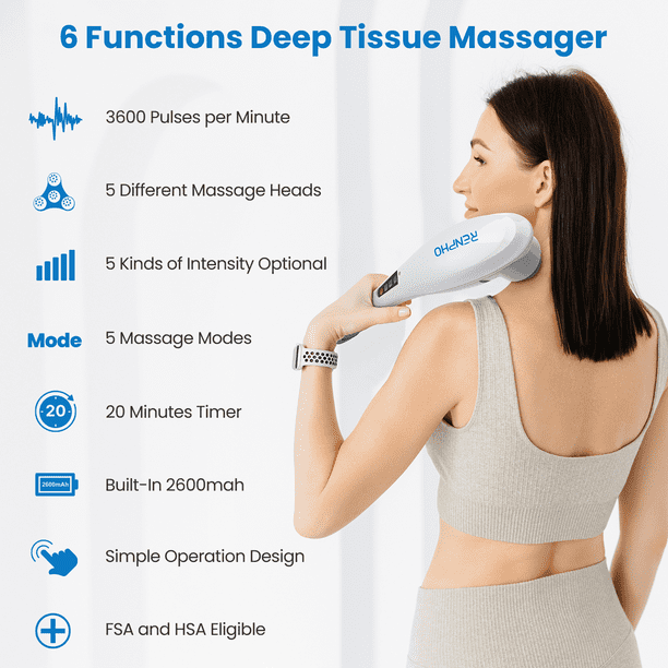 RENPHO Rechargeable Hand Held Deep Tissue Massager for Muscles, Back, Foot, Neck, Shoulder, Leg, Cordless Electric Percussion Body Massage , FSA and HSA Eligible - White