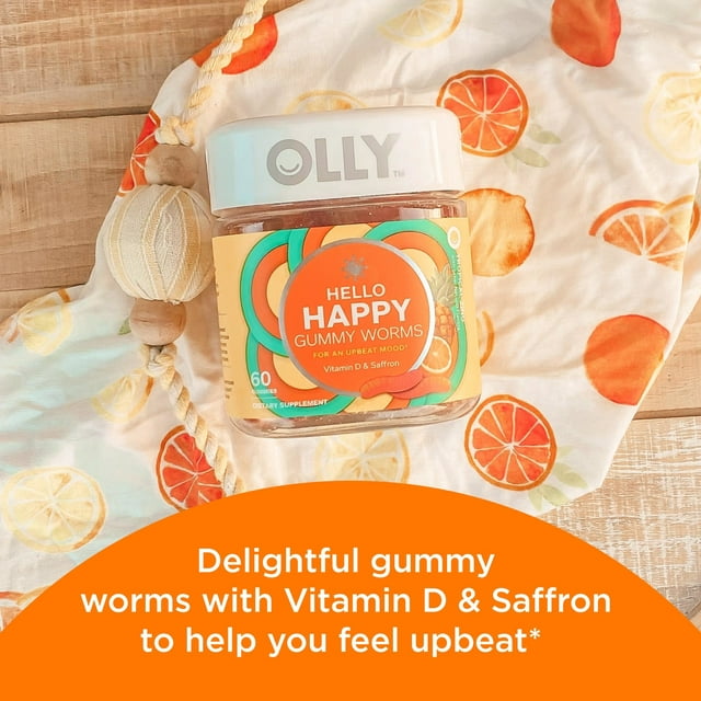 OLLY Hello Happy Gummy Worms, Mood Balance Support Supplement, Vitamin D, Tropical, 60 Ct