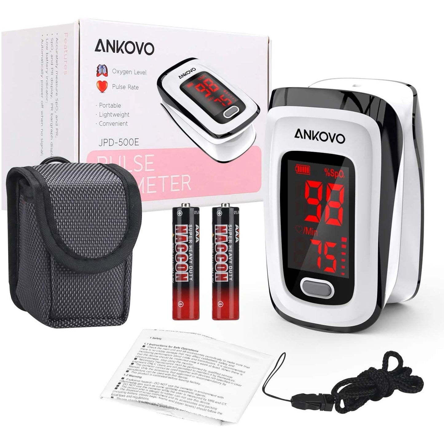 ANKOVO Fingertip Pulse Oximeter with Batteries and  Lanyard,Bar Graphs,Heart Rate Monitor,500E