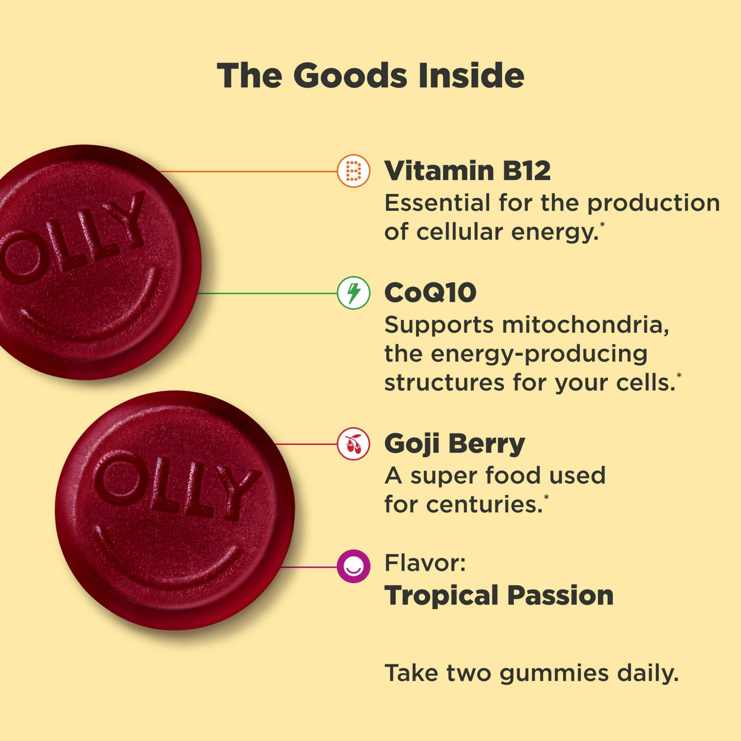 OLLY Daily Energy Gummy Supplement with CoQ10 and B12, Caffeine Free, Tropical, 60 Ct