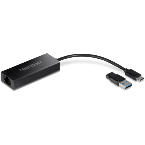 TRENDnet 2.5G USB-C to RJ-45 Ethernet Adapter, 2-in-1 Adapter Compatible with USB C/Thunderbolt 3 or USB 3.1, Windows Compatible, USB-C to USB-A Adapter Included, Black, TUC-ET2G
