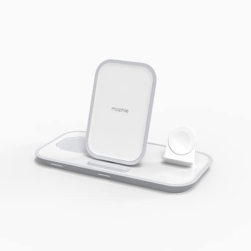 mophie 3-in-1 Wireless Charging Stand for Apple iPhone, AirPods/AirPods Pro and Watch, 7.5W Fast, Stylish Gloss Finish, Portrait or Landscape Smartphone Charging Mode, White
