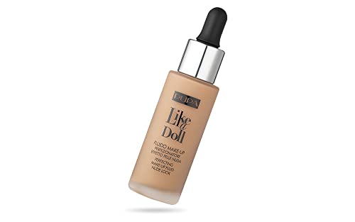 PUPA Milano Like A Doll Perfecting Make-Up Fluid Nude Look Foundation - Light Texture - Natural, Nude Skin Effect - For All Skin Types - Blends Perfectly - Natural Beige - 1.01 Oz (50036030)