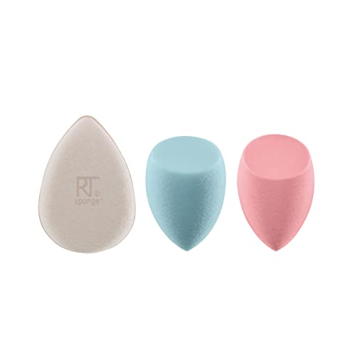 Real Techniques Sponge+ Beauty Makeup Blenders, Poreless Perfection Kit, for Facial Cleanser, Foundation, and Setting Powder, Probiotic Infused, For Natural and Matte Finish, 3 Piece Kit