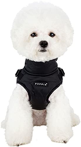 Puppia Mountaineer Winter Dog Coat with integrated harness No Pull Cold Weather Waterproof Warm Fleece Back Zipper for Small and Medium Dog, BLACK, Large