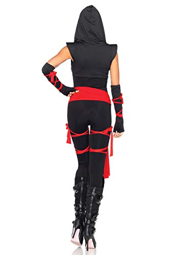 Leg Avenue 4 Piece Deadly Ninja Set – Hooded V Neck Jumpsuit and Mask Halloween Costume for Women, Black/Red, Large