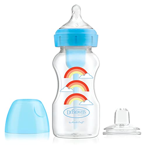 Dr. Brown’s Natural Flow® Anti-Colic Options+™ Wide-Neck Sippy Bottle Starter Kit, 9oz/270mL, with Level 3 Medium-Fast Flow Nipple and 100% Silicone Soft Sippy Spout, Blue, 6m+