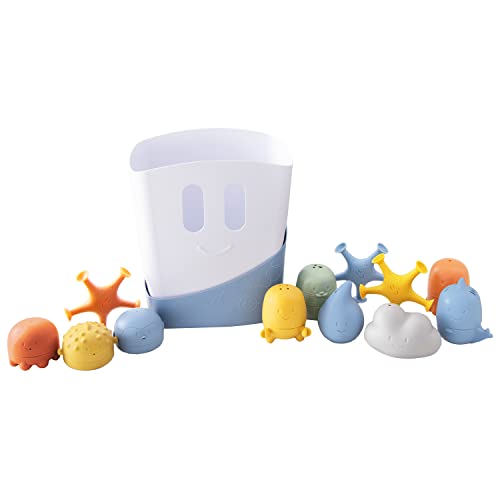 Ubbi Bath Time Essential Gift Set, Includes Drying Bin and 12 Water Toys for Toddler Bath Time Play, Baby Bath Accessory, Muted Blue