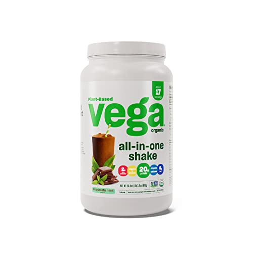 Vega Organic All-in-One Vegan Protein Powder Chocolate Mint (17 Servings) Superfood Ingredients, Vitamins for Immunity Support, Keto Friendly, Pea Protein for Women and Men, 1.6 lbs(Packaging May Vary)