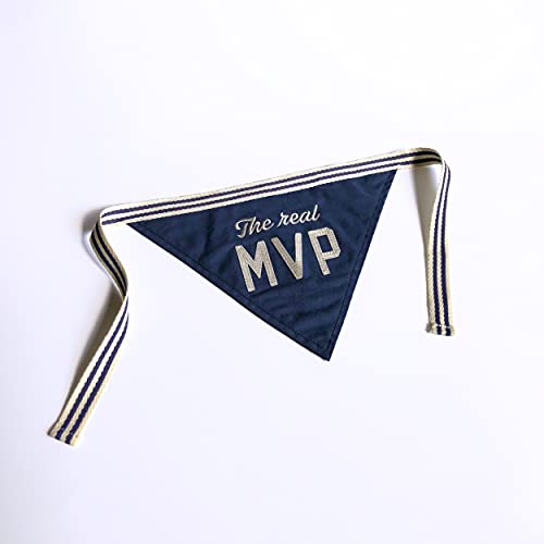 Brass Monkey The Real MVP Dog Bandana – Durable Cotton Pet Bandana, One Size Fits Most – 9” W x 6” H with 30” Tie Ribbon – Cute Dog Accessories with Eye-Catching Design