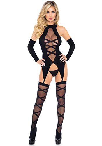 Leg Avenue Cami Garter and Stockings with Fingerless Gloves, O/S, Black
