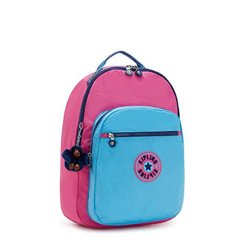Kipling Women's Seoul 15” Device Backpack, Durable, Roomy with Padded Shoulder Straps, Nylon School Bag, Pink Blue CBV2, 12.75''L x 17.25''H x 9''D