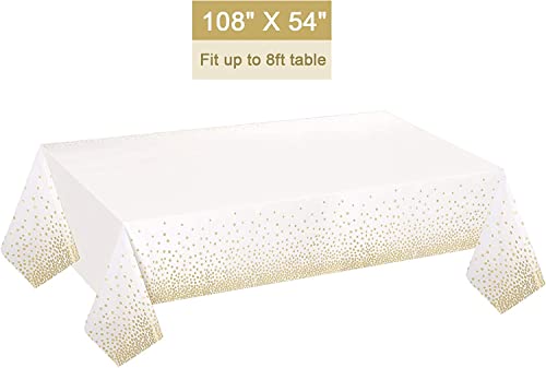 Gexolenu 2 Pack White and Gold Disposable Plastic Tablecloth for Rectangle Tables(54' x 108'), Disposable Waterproof Table Cover for Birthday, Graduation, Gold Table Cloths Party Supplies