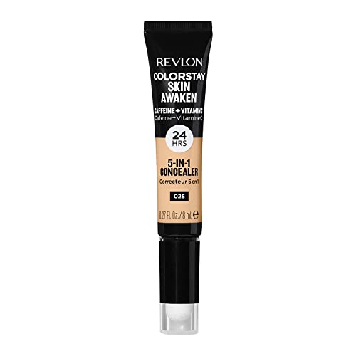 Revlon ColorStay Skin Awaken 5-in-1 Concealer, Lightweight, Creamy Longlasting Face Makeup with Caffeine and Vitamin C, For Imperfections, Dark Circles and Redness, 025 Light Beige, 0.27 fl oz