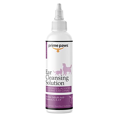 Prime Paws Ear Cleansing Solution for Dogs and Cats - Pet Ear Cleaner Removes Odor and Wax - Deodorizing Dog Ear Cleaner Solution with Aloe and Vitamins - Sweet Pea and Vanilla Scent - 8 oz
